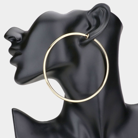Gold Clip On Big Hoop Earrings Casual Simple 3.2 Oversized Metal - Picture 2 of 3